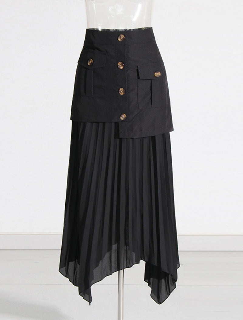 Asymmetrical Pleated Skirt with Button Details