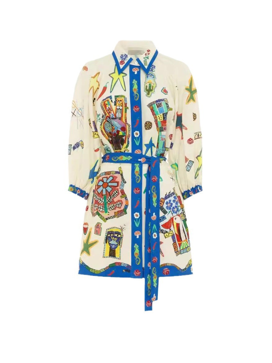 Graphic Print Belted Mini Dress