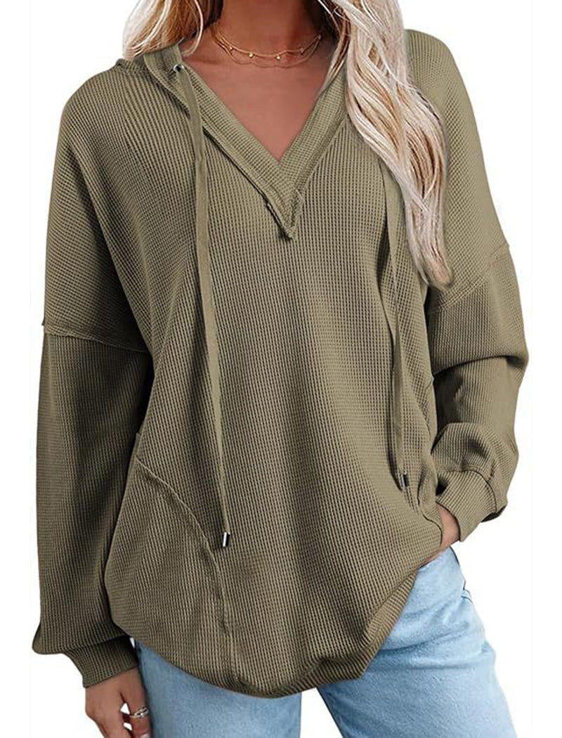 V-Neck Waffle Knit Solid Long Sleeve Hoodie