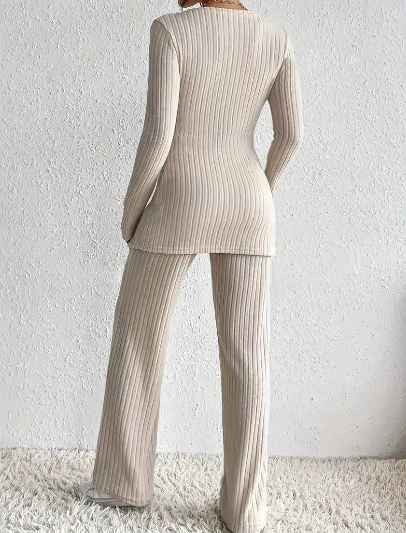 High-Waist Knit Long Sleeve Pants Set