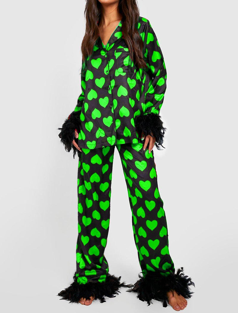 Heart Print Pajama Set with Feather Trim