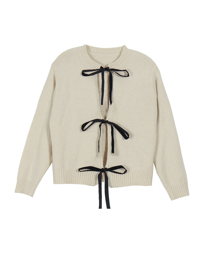 Bow-Knot Colorblock Lace-Up Long Sleeve Knit Top