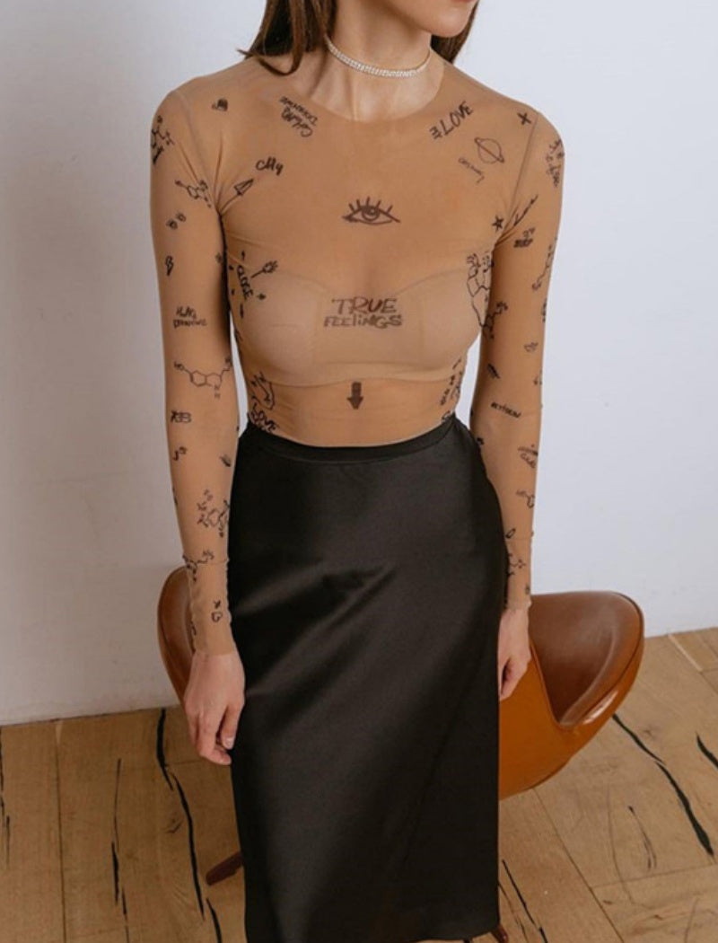 Sheer Printed Mesh Long Sleeve Top