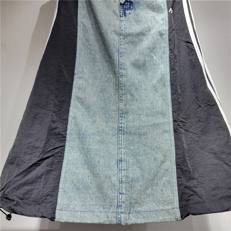 Contrast Panel Denim A-Line Skirt with Drawstring Hem
