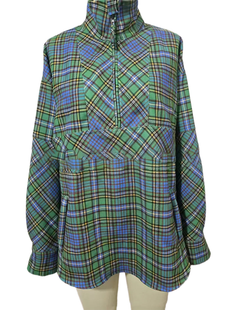 Half-Zip Collared Loose Plaid Pocket Shirt