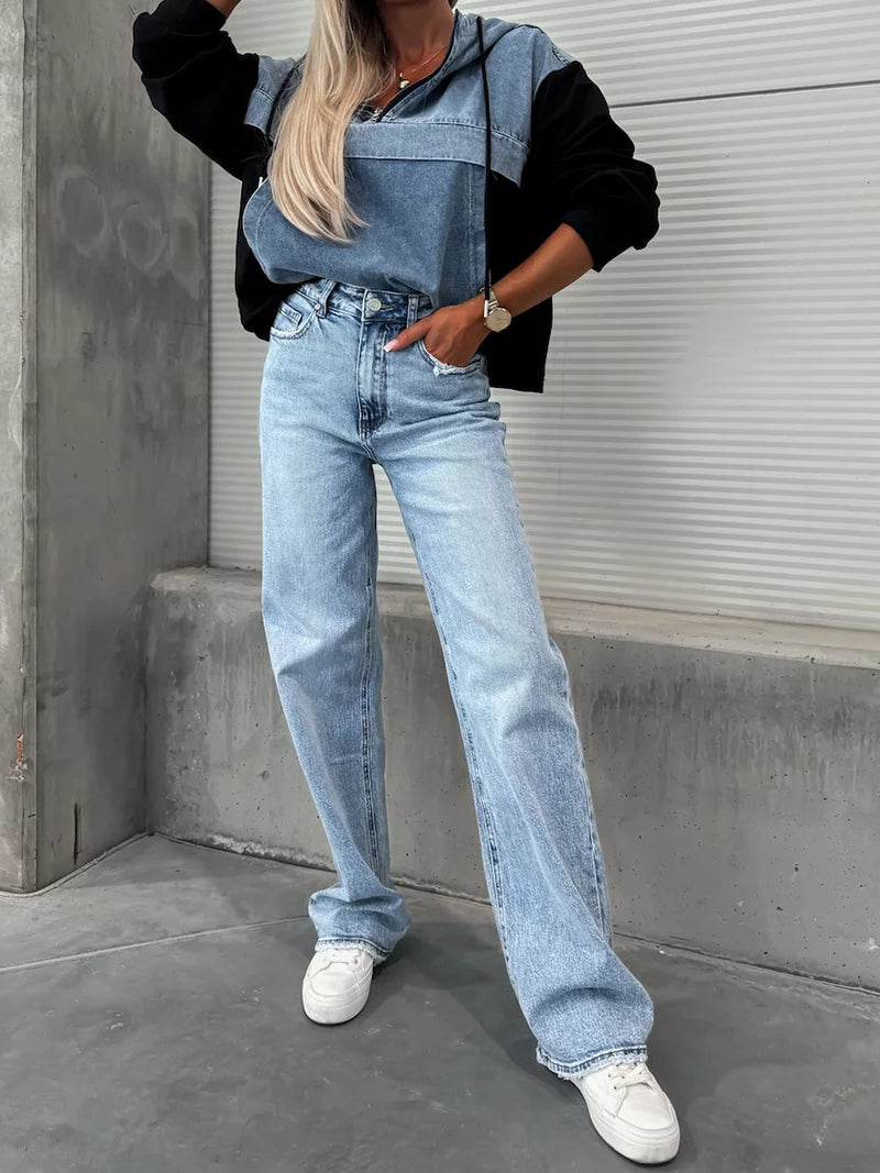 Patchwork Hooded Denim Pullover