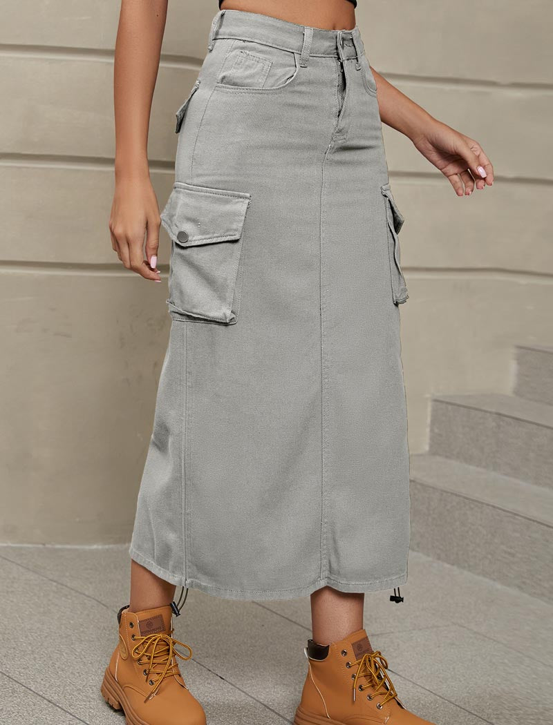 Cargo Pocket Drawstring Midi Skirt