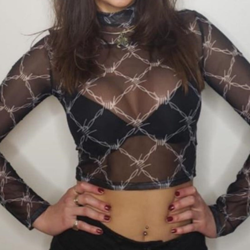 Sheer Long Sleeve Barbed Wire Print Crop Top