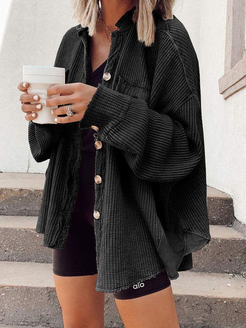 Button-Up Frayed Waffle Shacket
