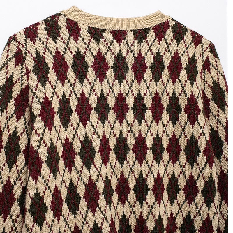 Button-Up Knit Cardigan with Diamond Pattern