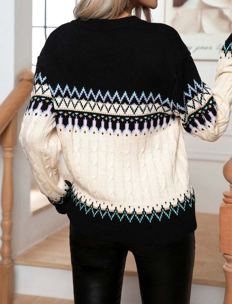 Jacquard Cable Knit Retro Long Sleeve Sweater