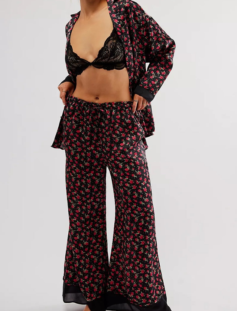 Floral Print Satin Long-Sleeves and Pants Pajama Set