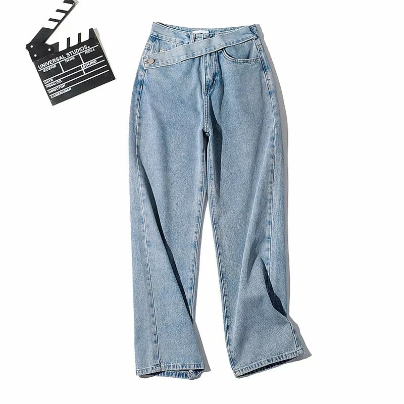 High-Rise Asymmetrical Crossover Jeans