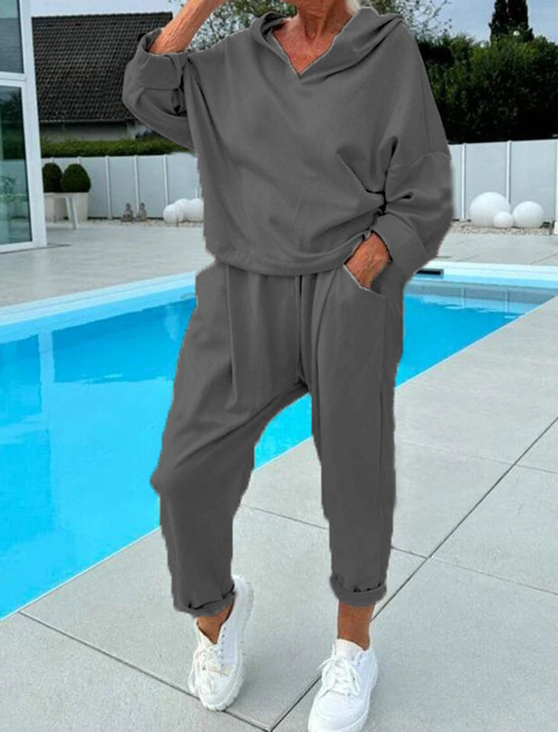 Solid Hooded Top and Pants Set