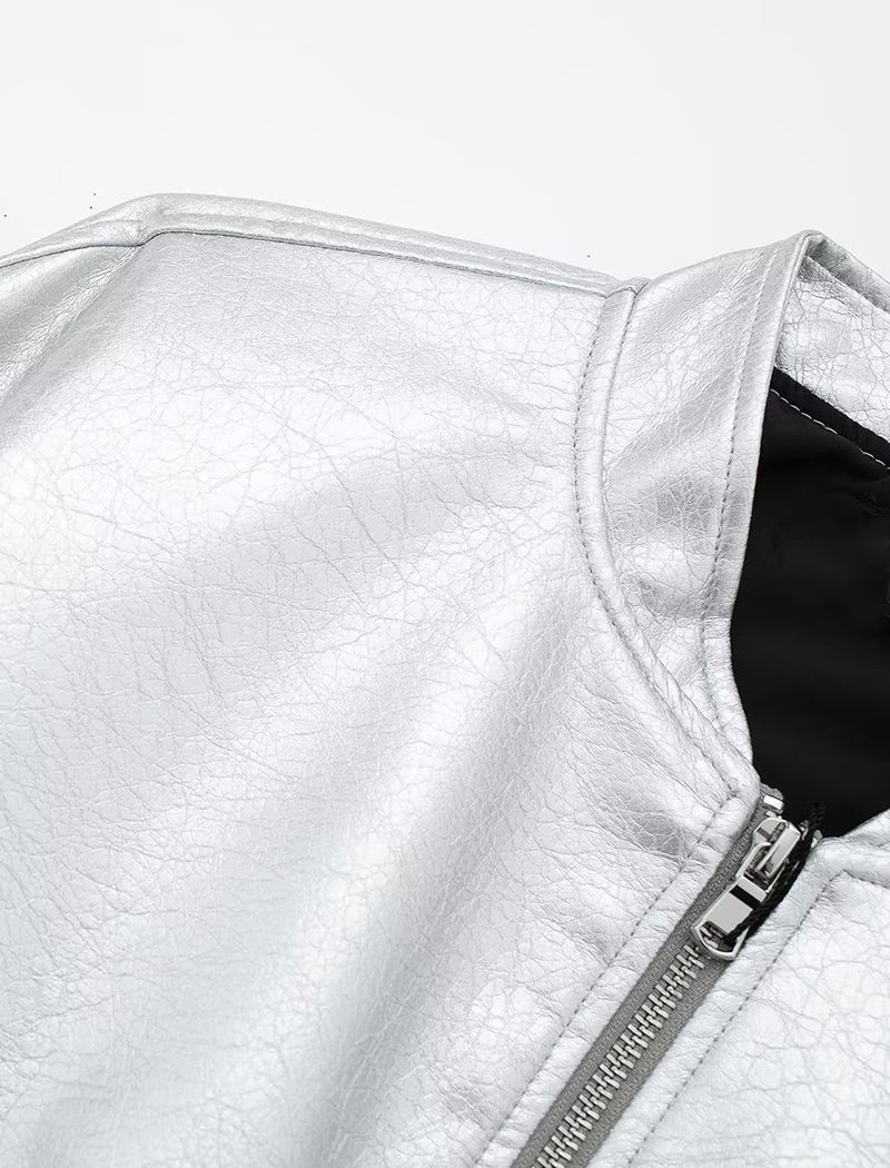 Metallic Zip-Up Cropped Bomber Jacket