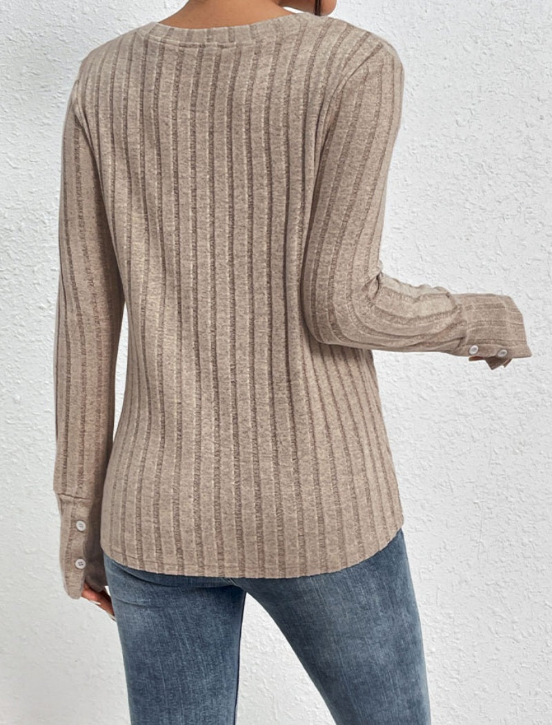 Ribbed V-Neck Top with Lace Accent