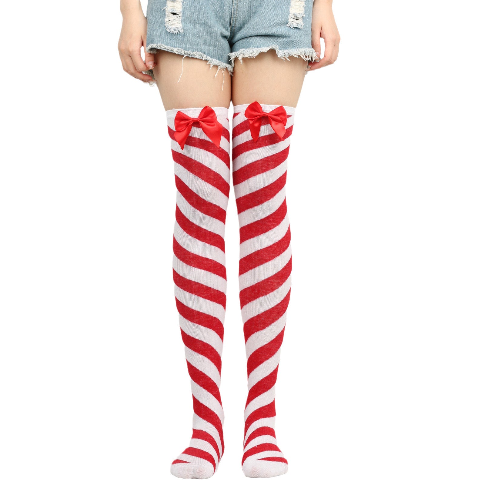 Candy Cane Striped Thigh-High Socks