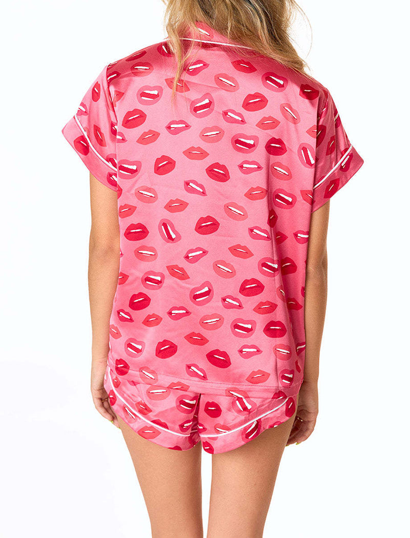 Printed Satin Short Sleeve Shirt and Shorts Set