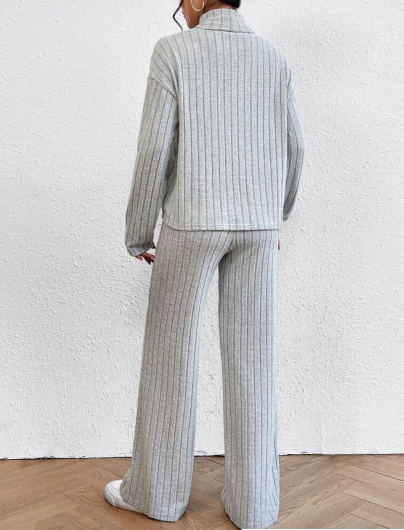 Ribbed Knit Long Sleeve Top and Pants Set