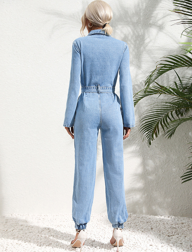 Belted Denim Jumpsuit with Pocket Details