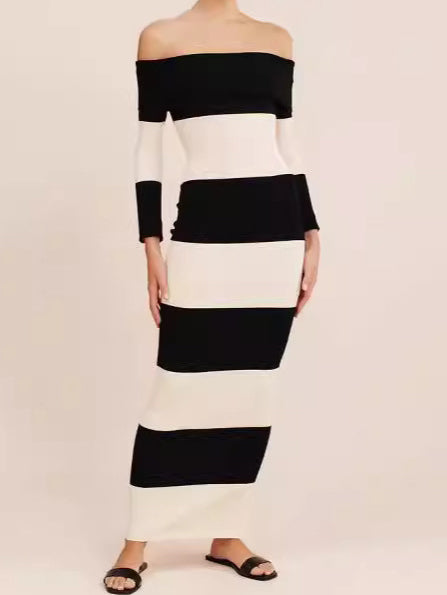 Off-Shoulder Striped Smocked Maxi Dress