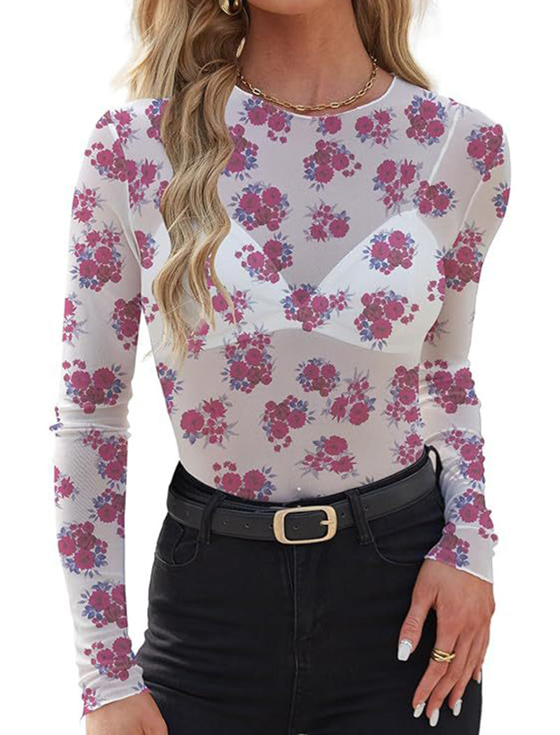 Floral Print Sheer Long Sleeve Top