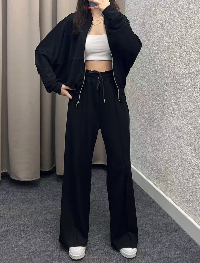 Zip-Up Jacket and Drawstring Wide-Leg Pants Set