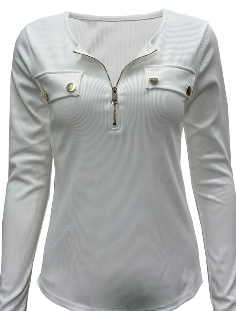 Ribbed Zip-Front Long Sleeve Top