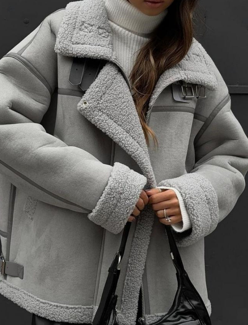 Oversized Shearling Jacket with Lapel Collar