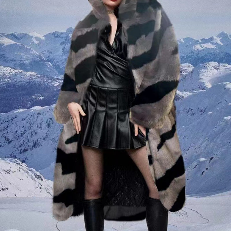 Tiger Stripe Faux Fur Long Coat