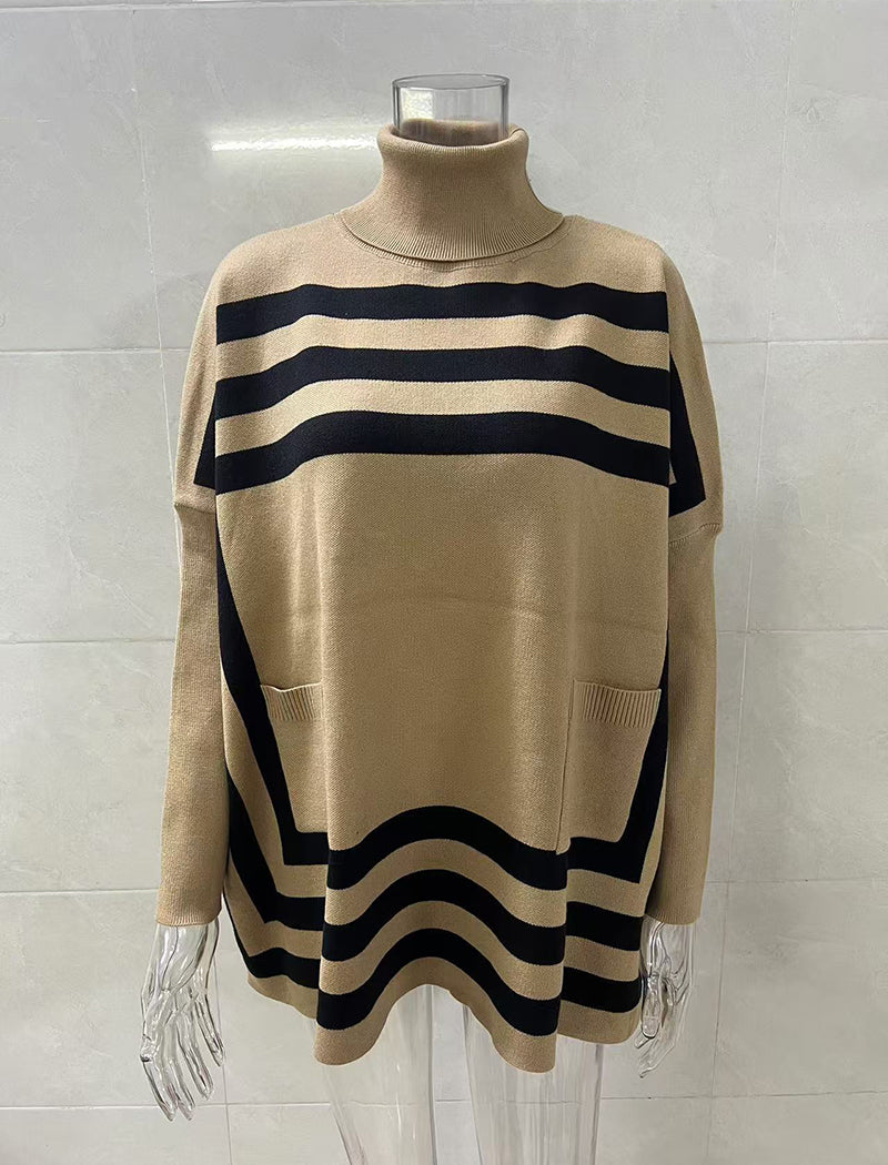 High Neck Striped Batwing Sleeve Sweater