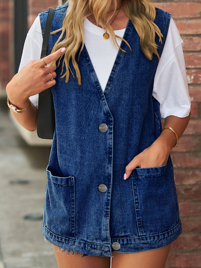 V-Neck Buttoned Pockets Denim Vest