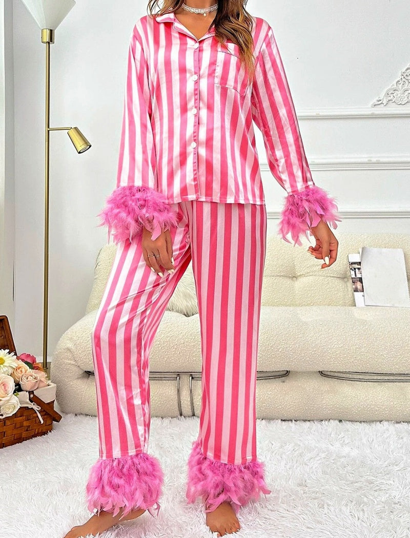 Striped Pajama Set with Feather Trim