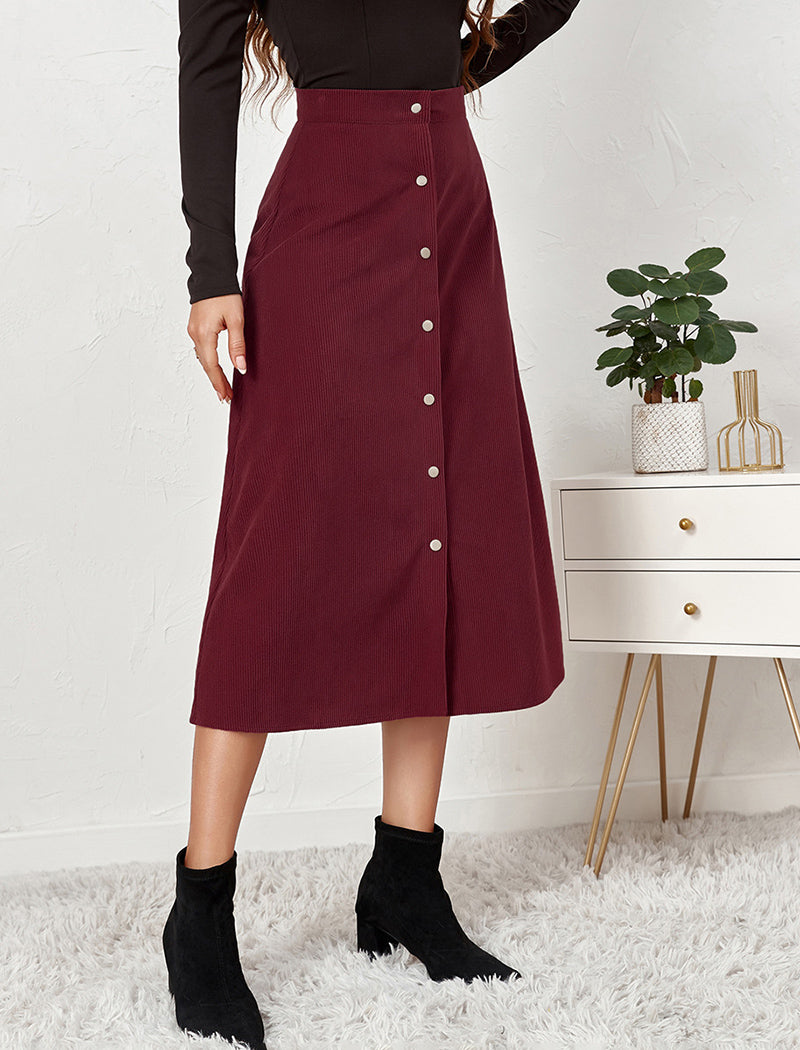 Button-Front A-Line Midi Skirt