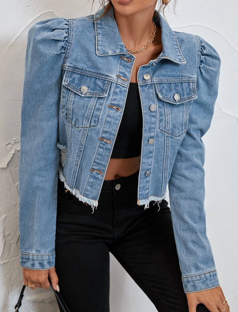 Puff Shoulder Cropped Denim Jacket