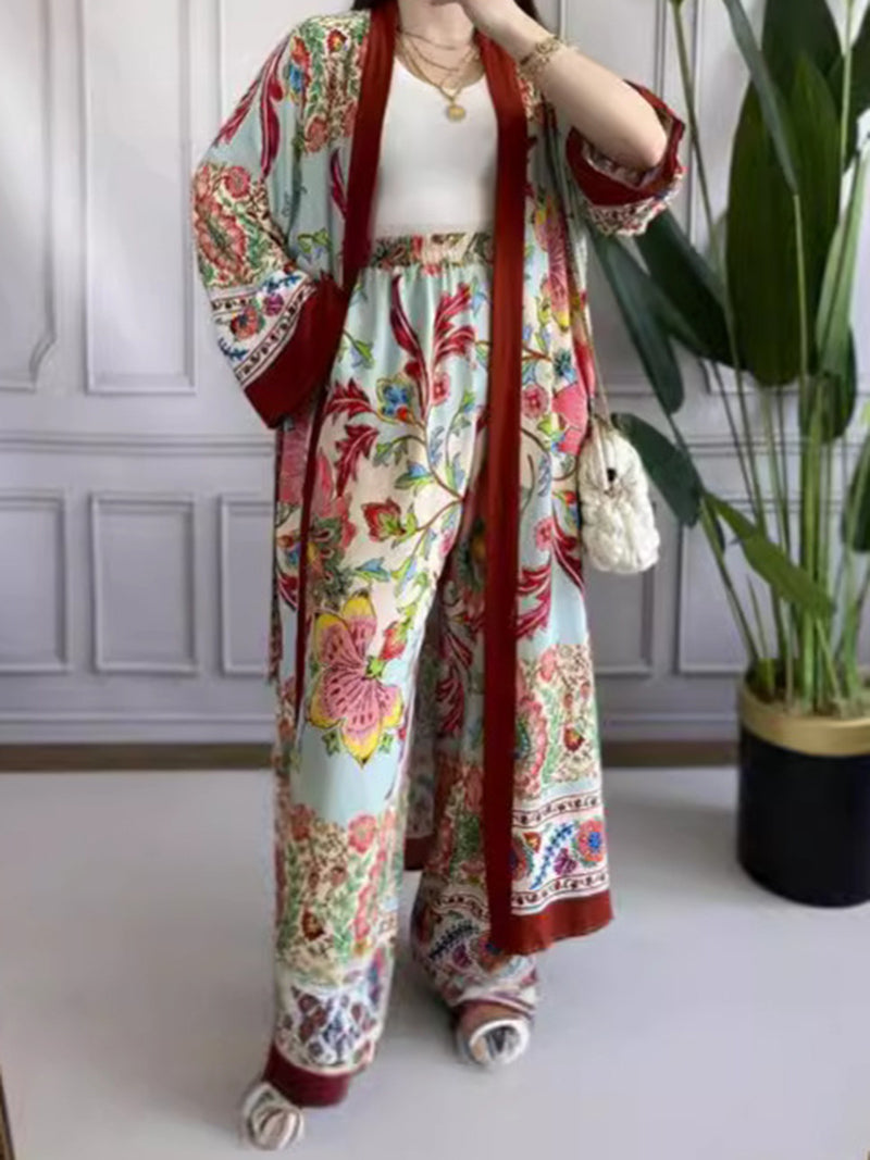 Floral Print Open Front Kimono and Wide-Leg Pants Set