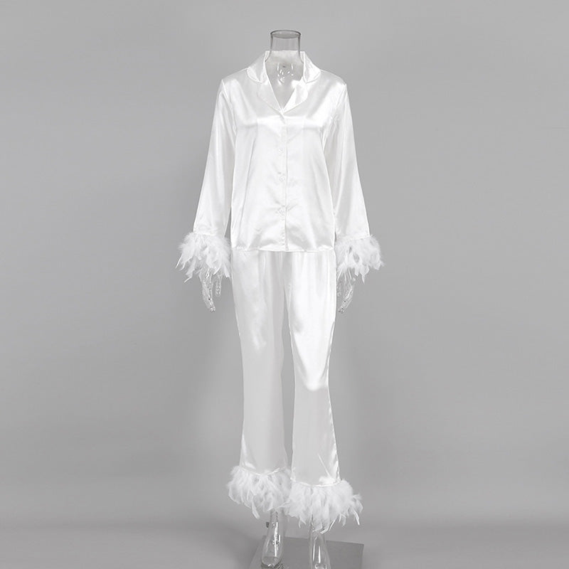 Feather Trim Satin Pajama Set