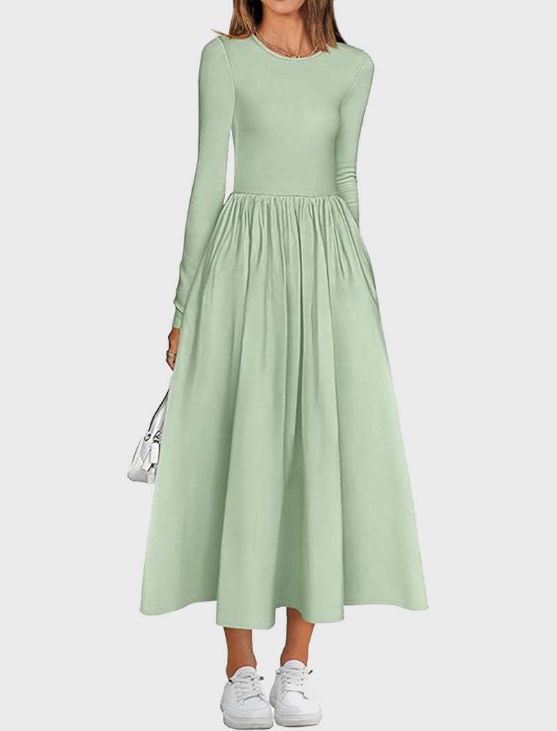 Long-Sleeve Pleated Midi Dress