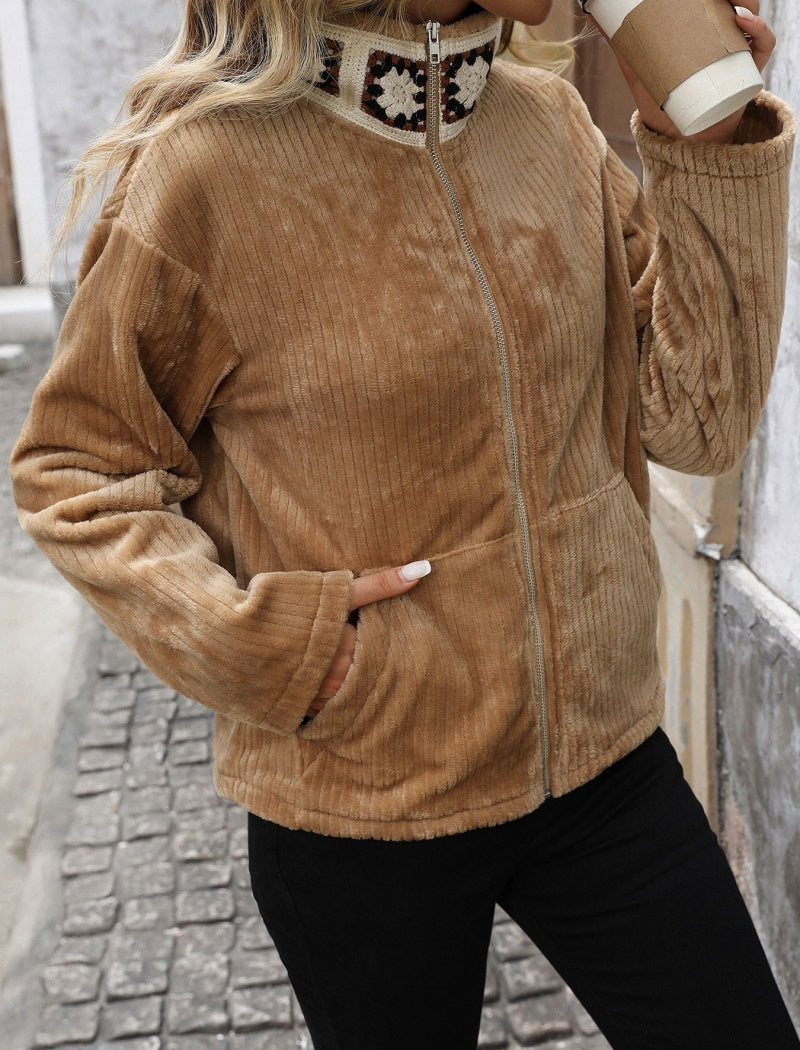 Zip-Up Plush Jacket with Pockets