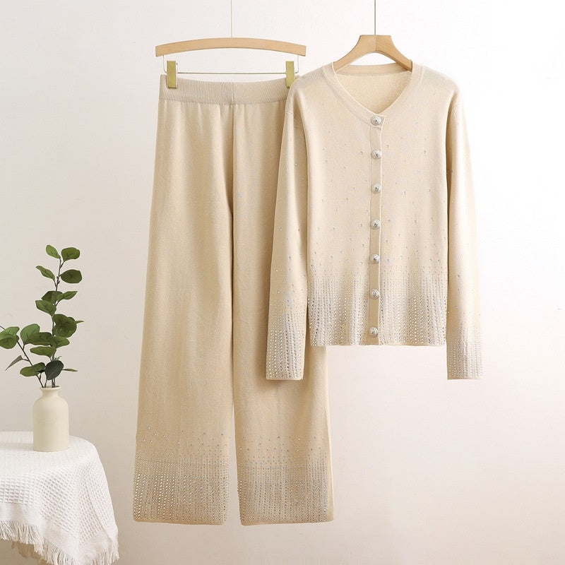 Button-Down Knit Set with Embellished Detail