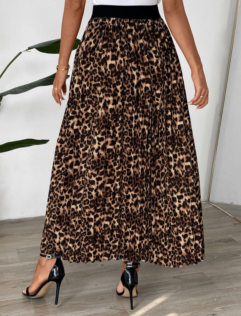 Leopard Print Pleated Midi Skirt