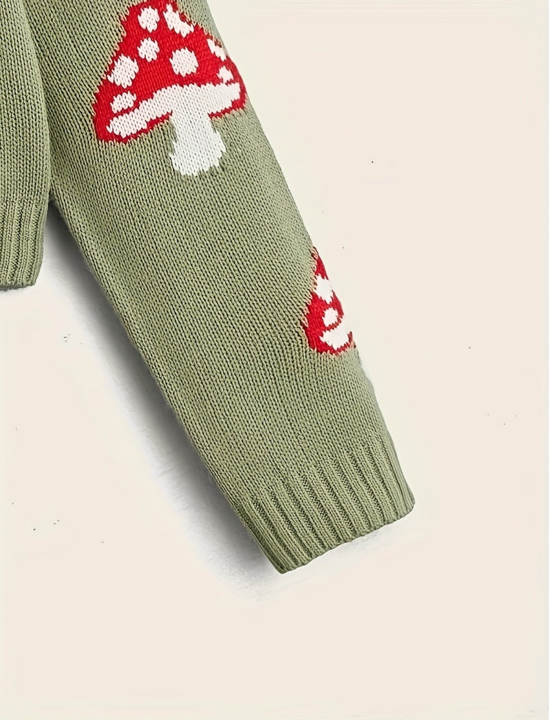 Button-Up Cardigan with Mushroom Patterns