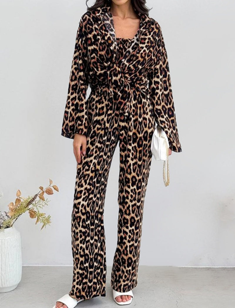 Leopard Print Square Neck Long Sleeve Crop Top and Pants Set