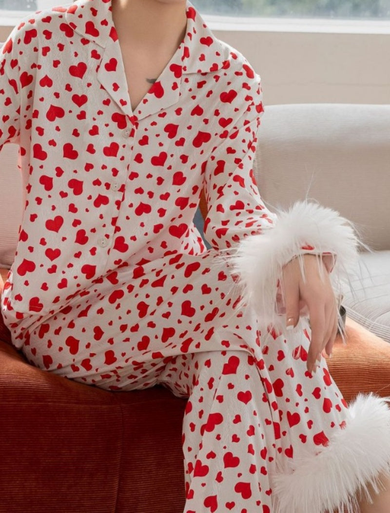 Long-Sleeve Heart Print Crop Pajama Set