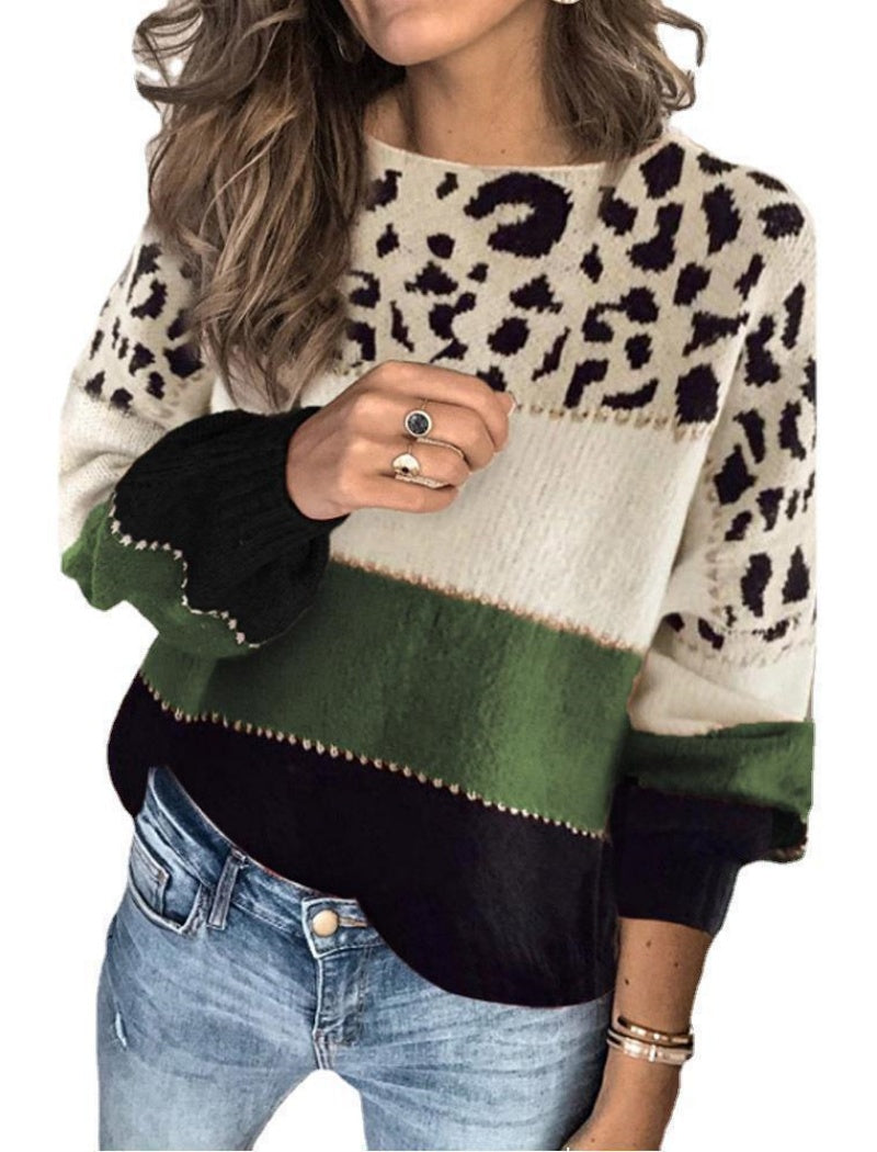Leopard Print Colorblock Sweater with V-Neck