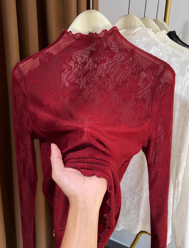 Sheer Floral Lace Long Sleeve Top