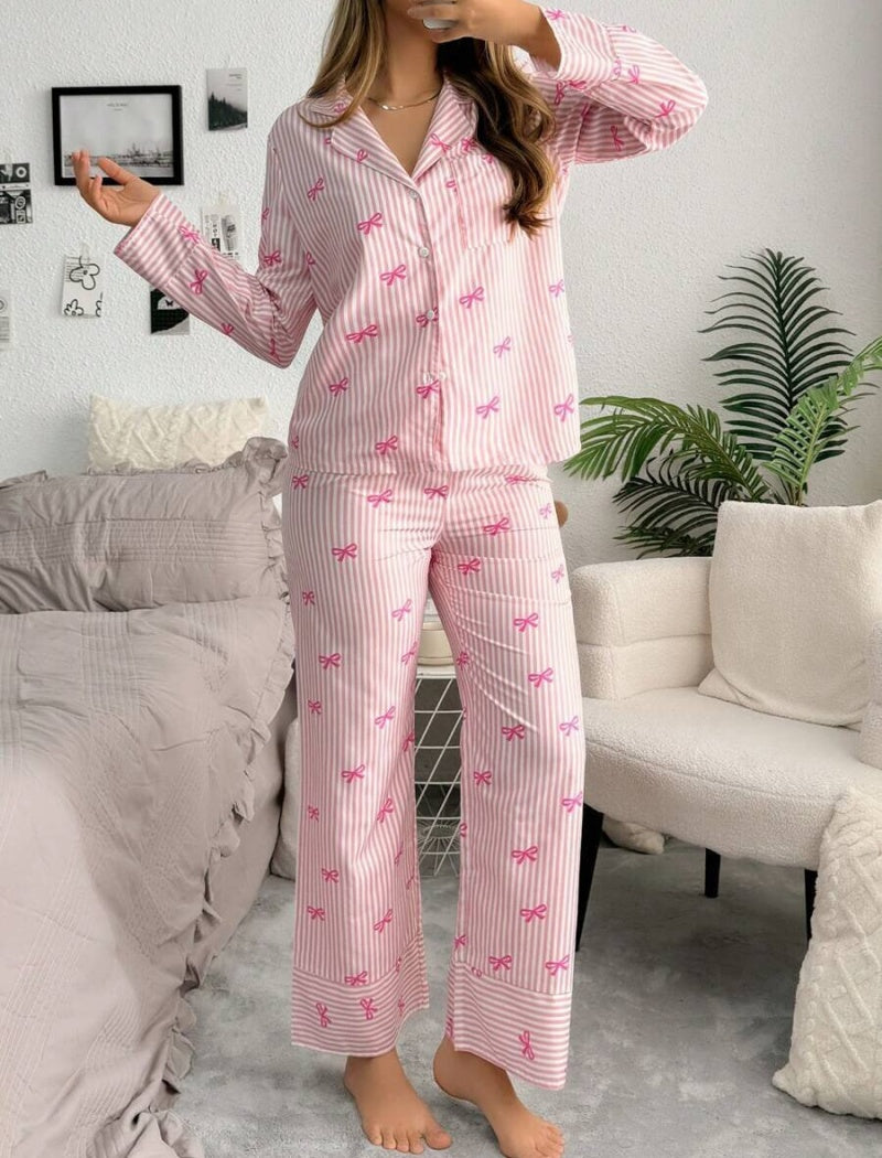 Striped Pajama Set with Bow Prints