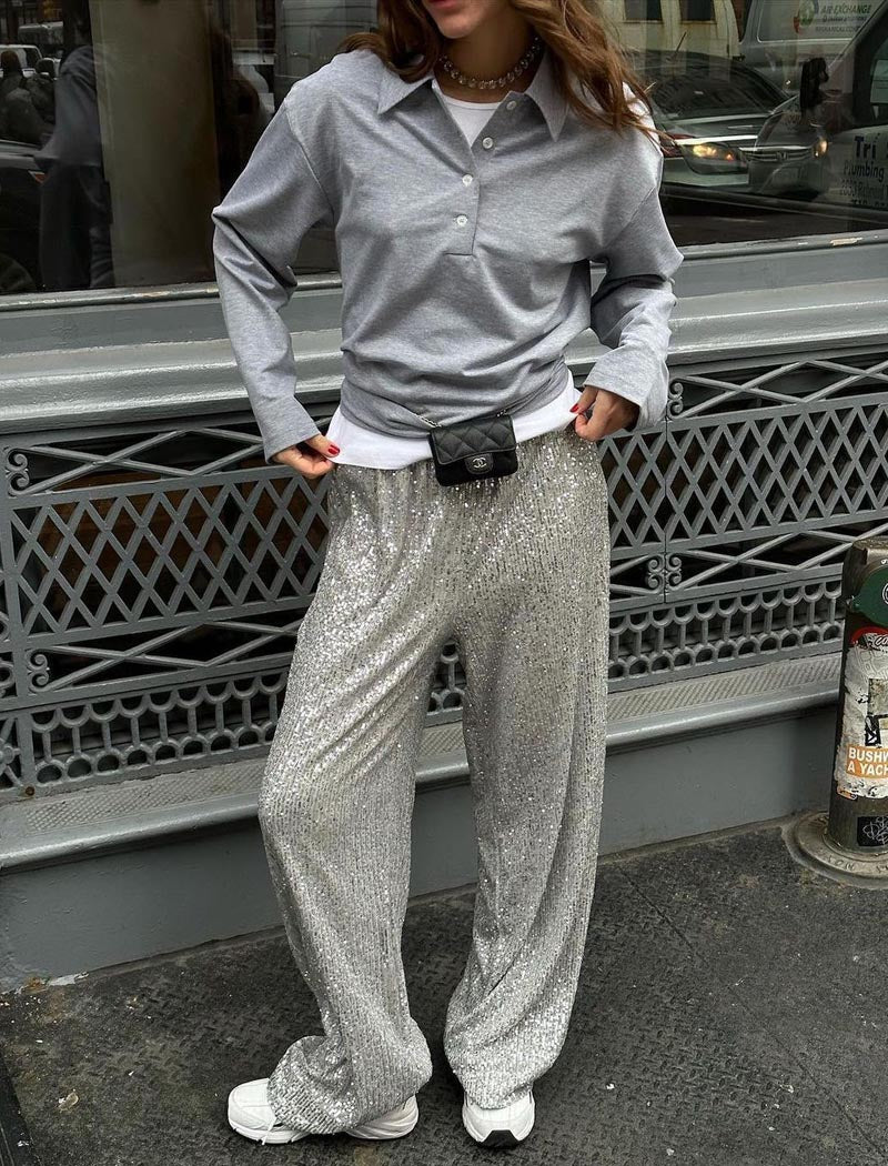 Wide-Leg Sequined Pants
