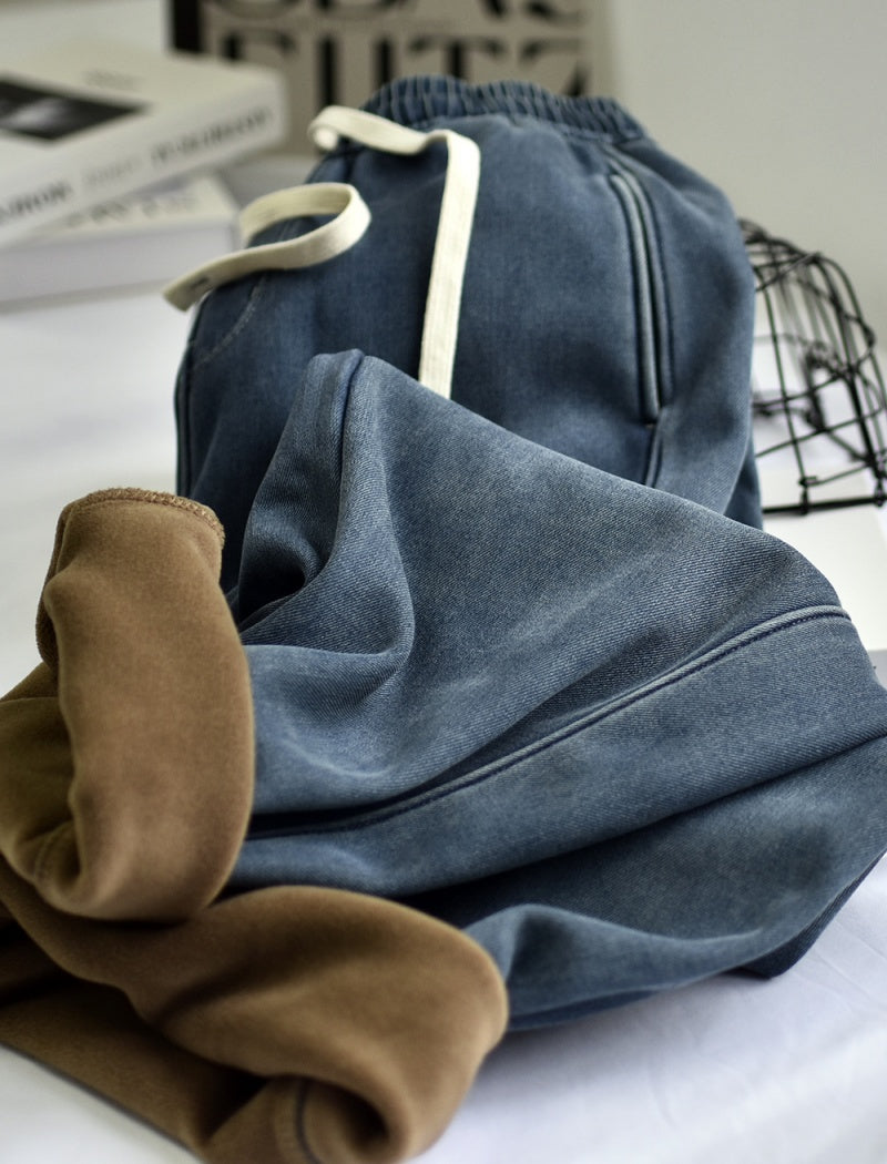 Wide-Leg Denim Drawstring Pants