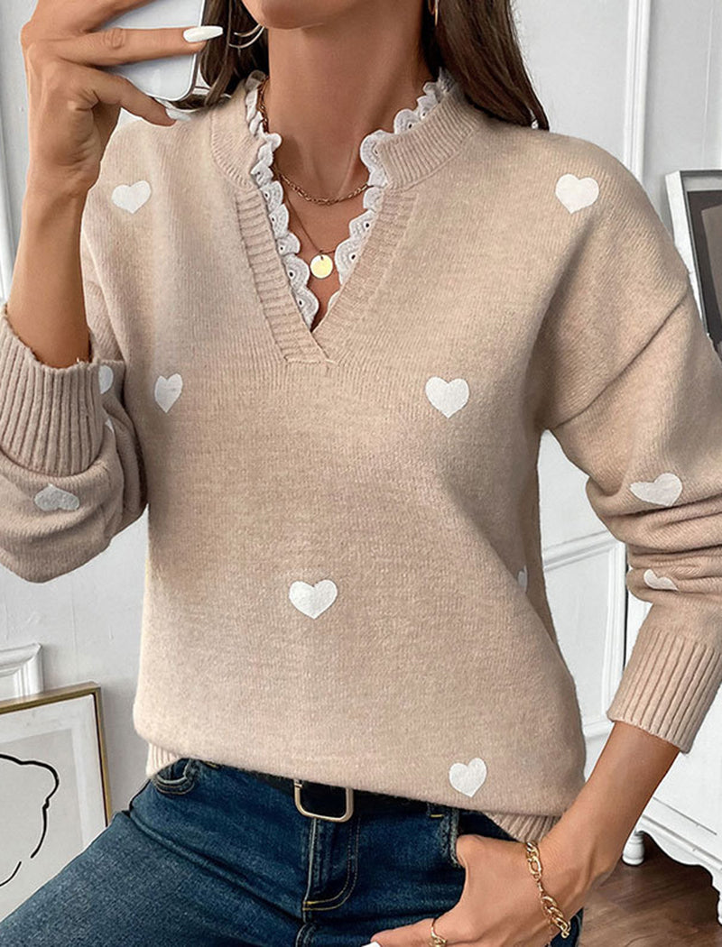 V-Neck Knitted Sweater with Lace Trim